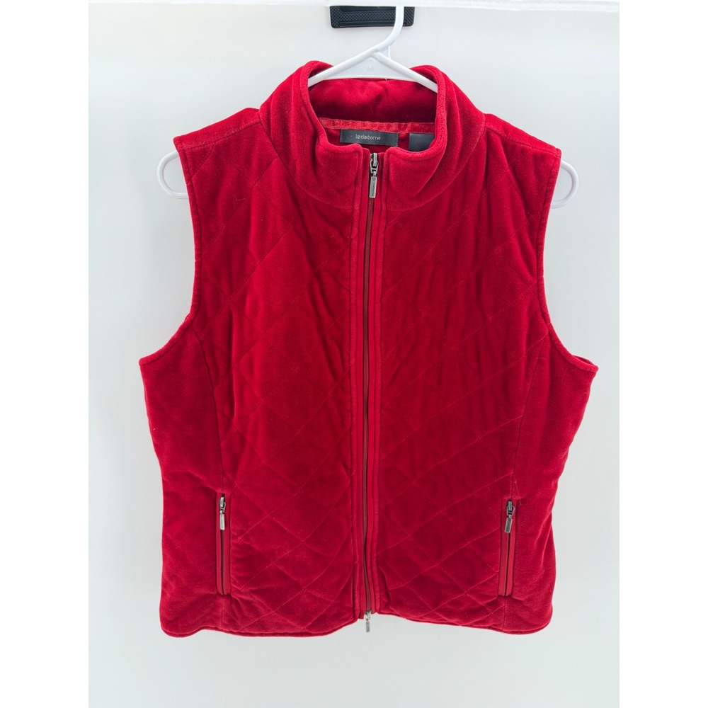 Liz Claiborne Vest Women Large Red Excellent Quilted Velvet Mock Neck Zip Front